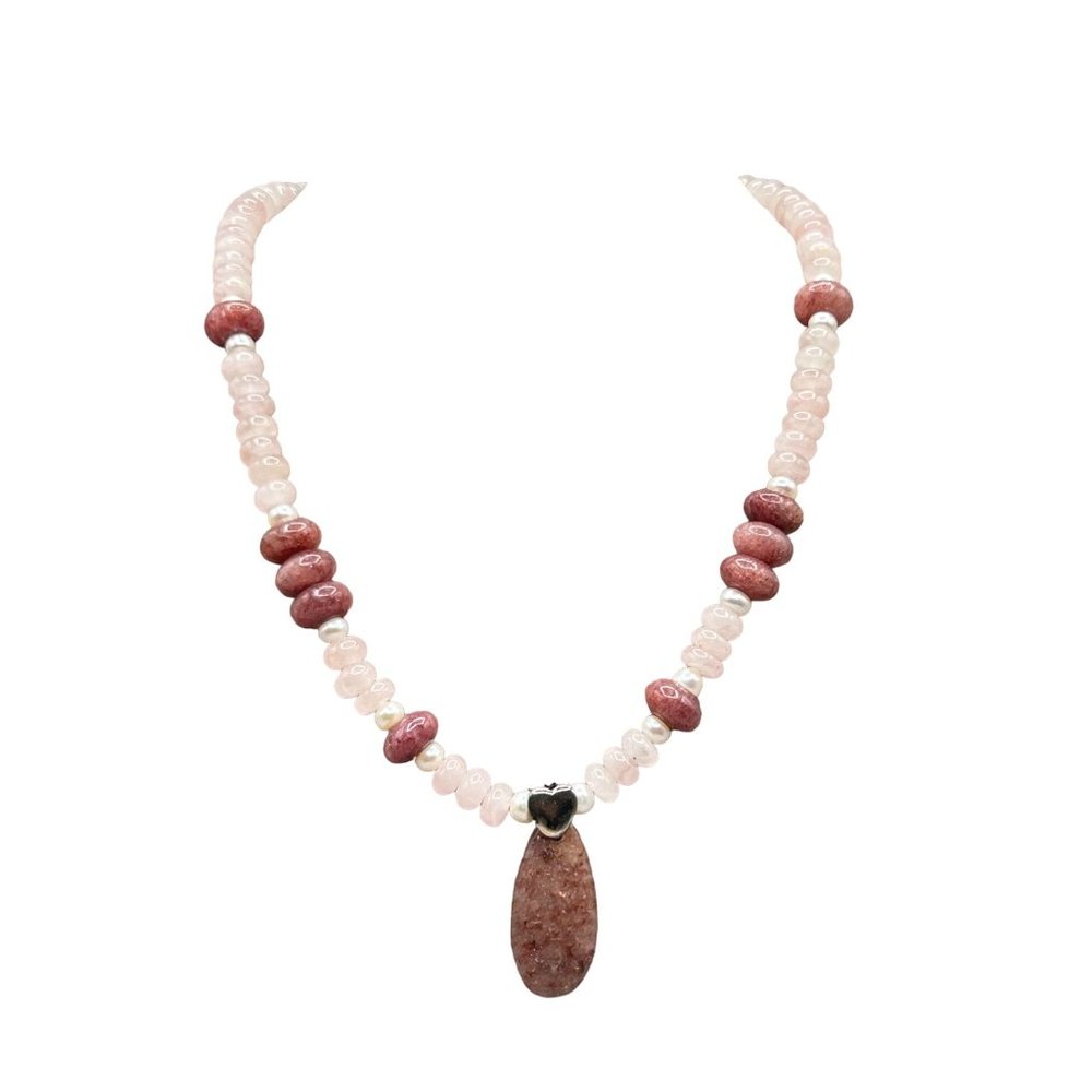 Vtg Semi Precious Stones Necklace Beaded Pink Quartz Genuine Pearls Drop Pendant